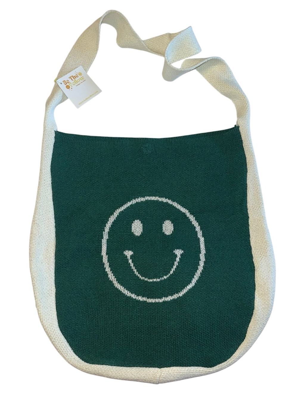 NWT Be The Yellow Retro Large Tote Bag Green Cream Smiley Face Knit Shoulder Bag